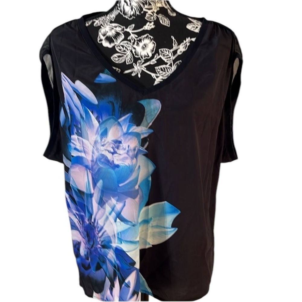 DKNY large blue & black floral print top silky V-Neck solid back semi sheer